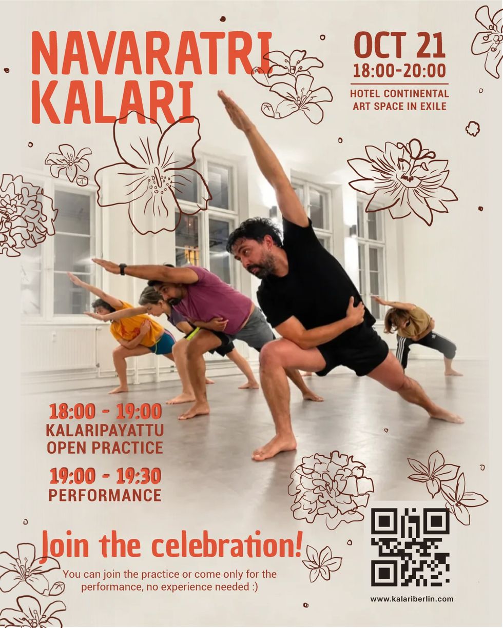 Navaratri Kalari event flyer with practice, performance, date, venue, and QR code